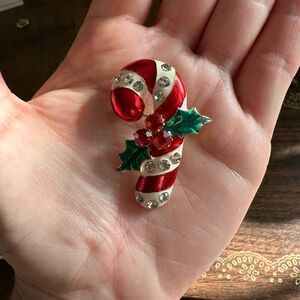 Festive Candy Cane Brooch with Rhinestones